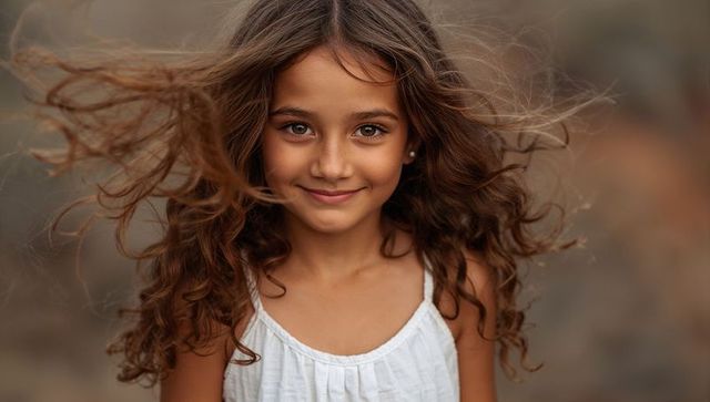 Smiling brown-eyed girl with windblown curls wearing white top on rocky coastline