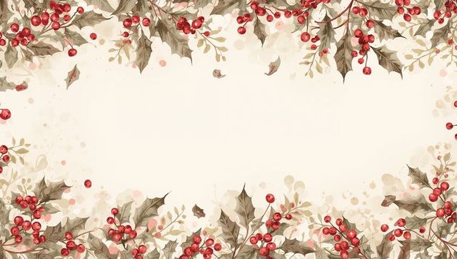 Vintage watercolor holly border with red berries and beige center for holiday cards and invites
