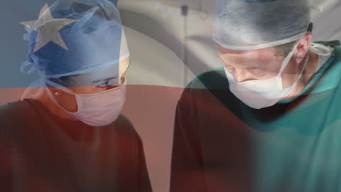 Surgeons Collaborating with Texas Flag Superimposed