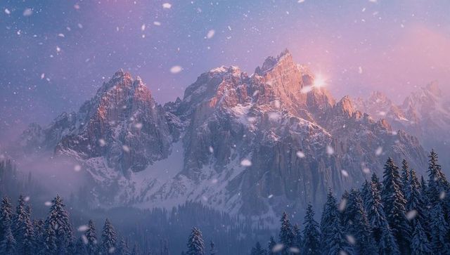 Majestic snowy mountains with falling snowflakes at dusk