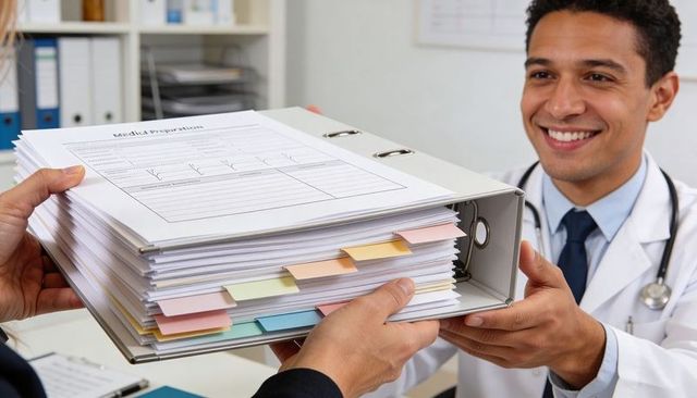 Smiling doctor handing organized medical binder with colorful tabs at clinic reception