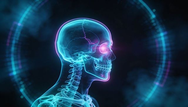 Glowing Neon Skull and Cervical Spine with Futuristic HUD Rings and Magenta Eye Socket