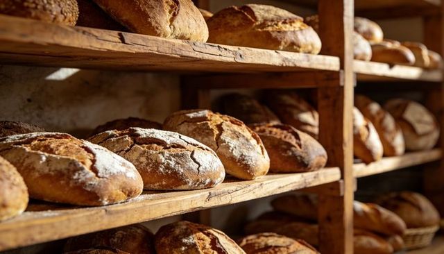 Artisan sourdough loaves cooling on rustic wooden shelves in bakery