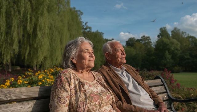 Senior Couple Relaxing on Park Bench at Golden Hour Among Flower Beds