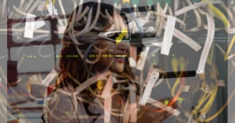 Woman Using VR Headset for Virtual Network Management in Server Room