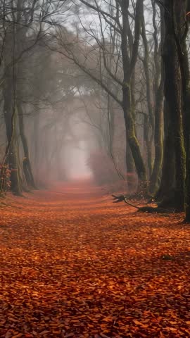Vertical forest path drifting fog thickening over rustling autumn leaf carpet amid tall trunks