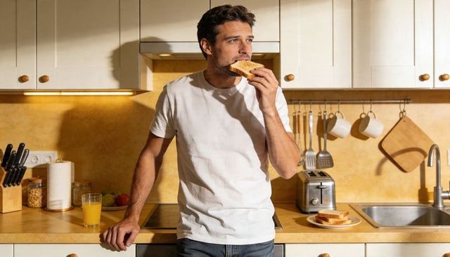 Sunlit morning man eating toast in cozy kitchen leaning on counter