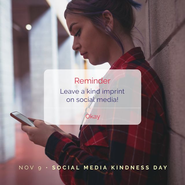 This image features a young woman in a plaid shirt standing by a wall and engrossed in her smartphone with a reminder message to spread kindness on social media. Useful for campaigns promoting kindness, digital communication, and social media awareness.