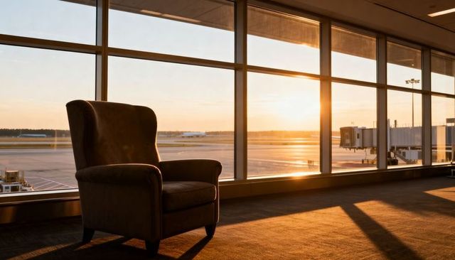 Wingback armchair basking in golden sunrise at airport gate with jetway and runway view