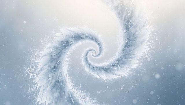 Icy spiral vortex whorl with frosted arms and water droplets in ethereal frozen swirl