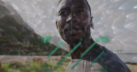 Athlete with Advanced Tech Visualization Amidst Natural Landscape