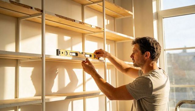 Man installing shelves using spirit level in sunlit apartment interior renovation diy