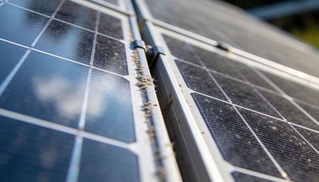 Close-up solar panels showing narrow seam, aluminum rail and dust on rooftop array