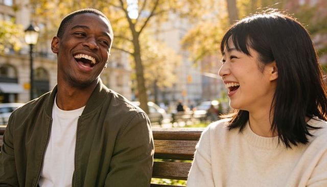 Young adults laughing on sunlit urban park bench during autumn conversation and friendship