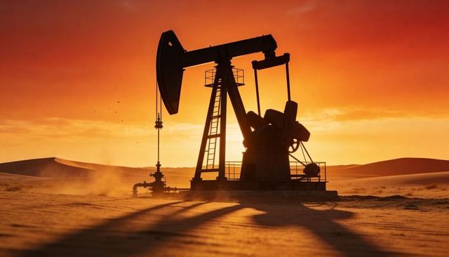 Desert pumpjack silhouette pumping at sunset casting long shadows over sand dunes