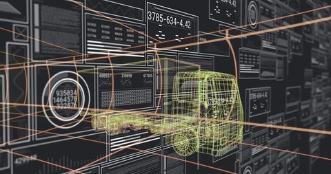 Rotating neon wireframe truck floating in AR workspace with telemetry and diagnostics