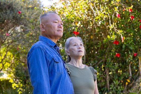 Senior couple standing in sunny garden gazing upward among red blossoms and greenery