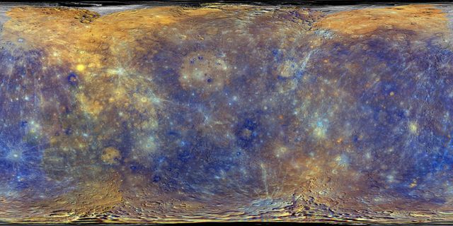 Vibrant enhanced color view of Mercury's surface created using data from the MESSENGER spacecraft's primary mission. This composition highlights the chemical, mineralogical, and physical differences of Mercury's crust. Useful for educational materials, science presentations, astronomy research, and illustrative content about the solar system's planets.