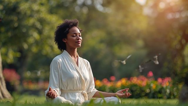 Serene woman meditating in sunny garden, seated crosslegged on lawn with flowers and birds