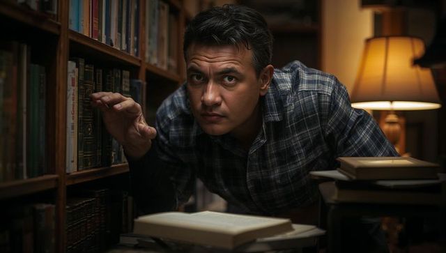 Man reaching for book in lamp-lit home library, focused researcher studying late at night