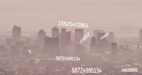 Abstract City Skyline with Floating Digital Numbers