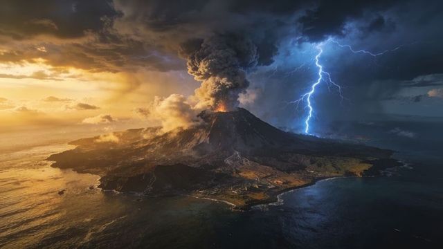 Erupting stratovolcano sending lightning-lit ash plume across coastal island at dusk