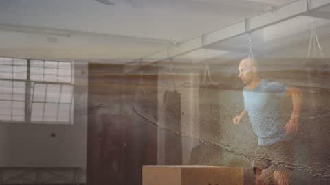 Man Training in Gym Overlaid with Seascape Imagery