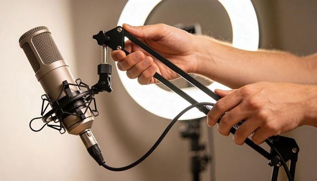 Hands adjusting condenser microphone on boom arm with ring light and xlr cable home studio