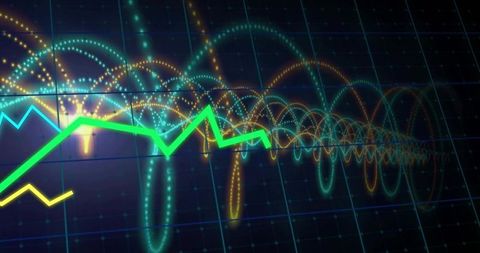 Neon Data Waveform Showing Jagged Financial Trend Over Grid With Glowing Sinusoidal Arcs