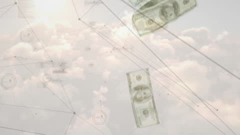 Floating Dollar Bills with Digital Network in Cloudy Sky