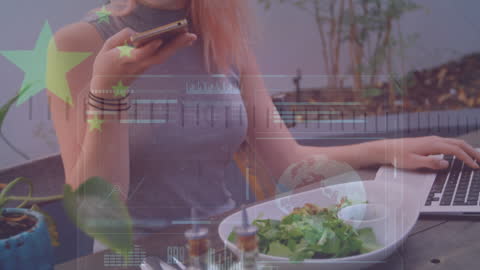 Woman Analyzing Data at Tech-Savvy Cafe with Global Interface