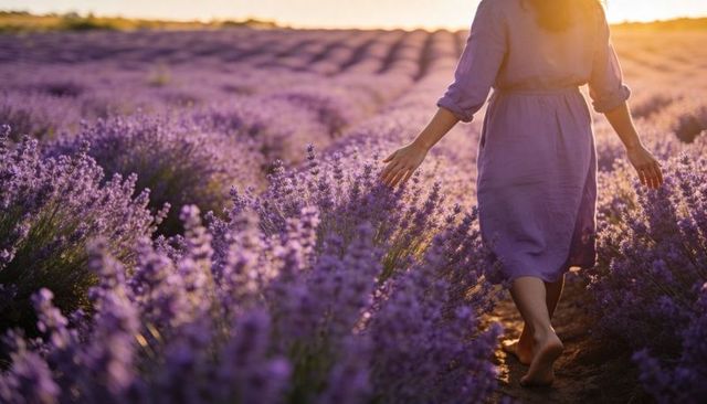 Woman Walking Barefoot Through Lavender Field at Sunset Touching Blooms with Dress Backlit