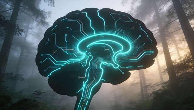 Neon circuit brain hovering in misty forest at dawn, cybernetic neural network concept