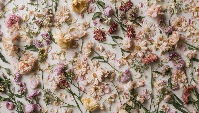 Laying pastel wildflowers with loose petals and green stems for soft floral design