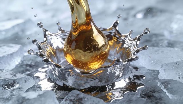 Amber droplet forming crown splash on icy mirror surface creating reflective ripples
