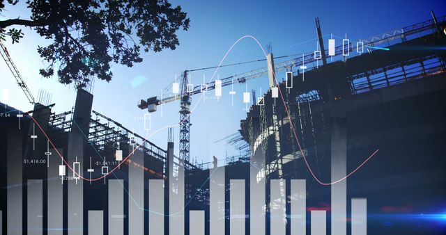 Digital generated image of various financial charts against construction site 4k