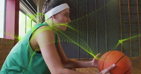 Basketball player resting on bench with dynamic digital overlay