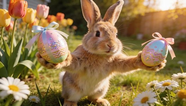 Brown bunny holding pastel easter eggs in sunlit garden with tulips and daisies