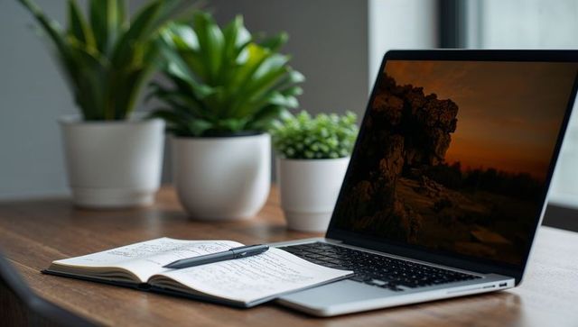 Serene minimalist workspace showing open laptop, notebook and pen beside sunlit window