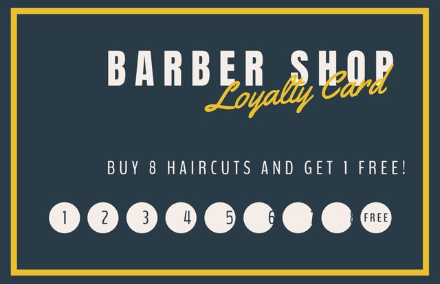 Promoting customer loyalty, this barber shop loyalty card features a classic vintage design. Customers receive a free haircut after purchasing eight haircuts, encouraging repeat visits and client loyalty. Ideal for barbershops looking to build a loyal customer base, this card can be used in marketing campaigns and distributed to clients.