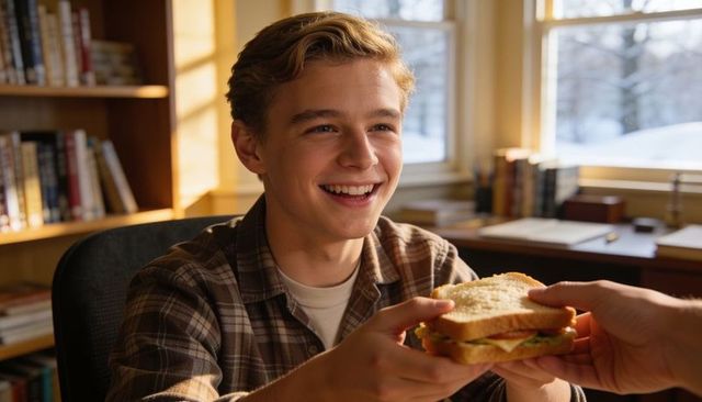 Smiling teenage boy receiving sandwich in cozy study with snowy window and bookshelf