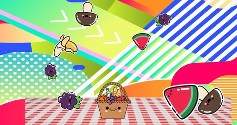 Colorful picnic basket with fruits on abstract background