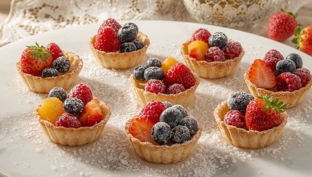 Mini fruit tartlets with mixed berries and powdered sugar on white marble platter for dessert buffet
