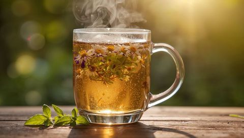 Sunlit chamomile and mint herbal tea in glass mug with floating flowers