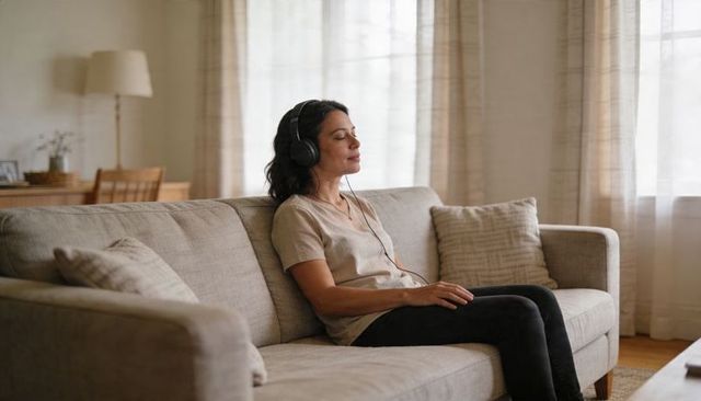 Relaxing woman listening with headphones on cozy living room sofa, peaceful home moment