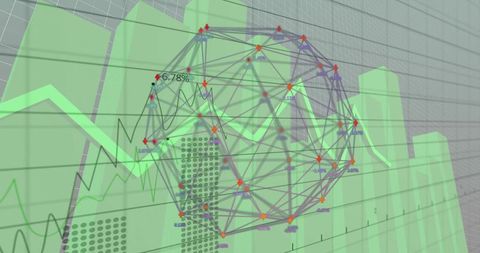 Neon green market surge with connected purple nodes on 3D financial analytics dashboard