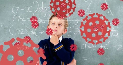 Contemplative Schoolboy Surrounded by Coronavirus Symbols on Chalkboard - Download Free Stock Images Pikwizard.com