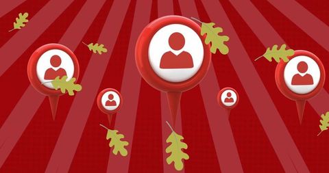 Red map pins silhouettes green leaves symbolizing connection