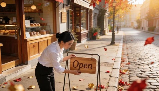 Sunlit autumn bakery opening with owner hanging open sign on cobblestone street
