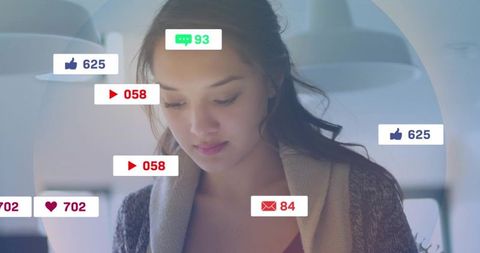 Focused Woman in Office with Social Media Engagement Elements